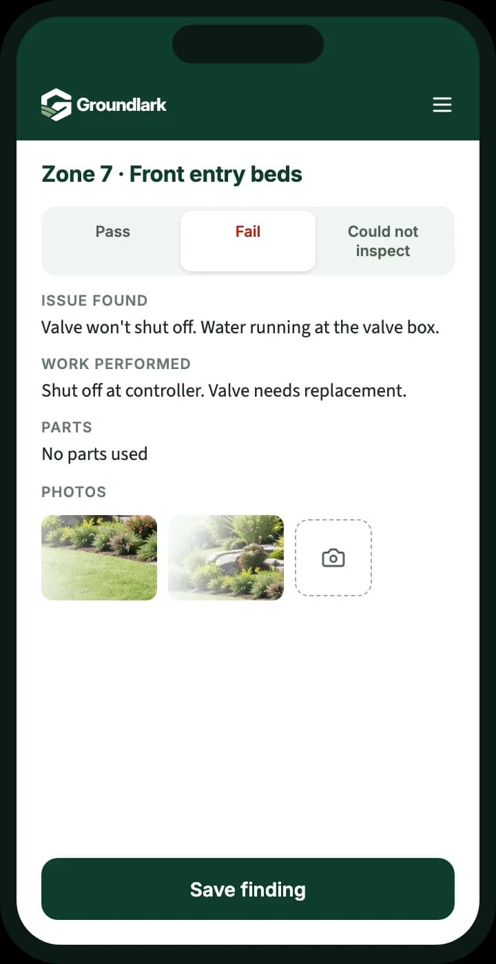 Example phone screen: a technician recording a failed zone, the issue found, work performed, and photos