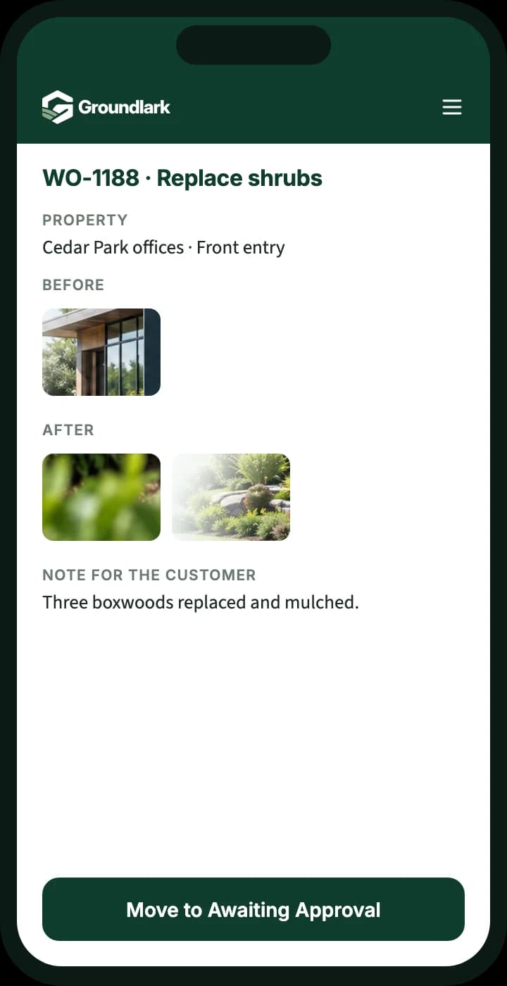 Example phone screen: a crew adding before and after photos and a note for the customer