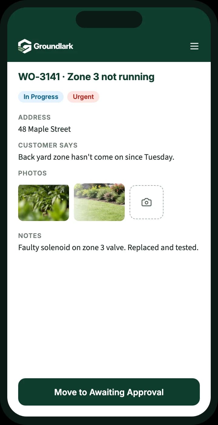 Example phone screen: a technician adding photos and notes to a repair and moving it to awaiting approval