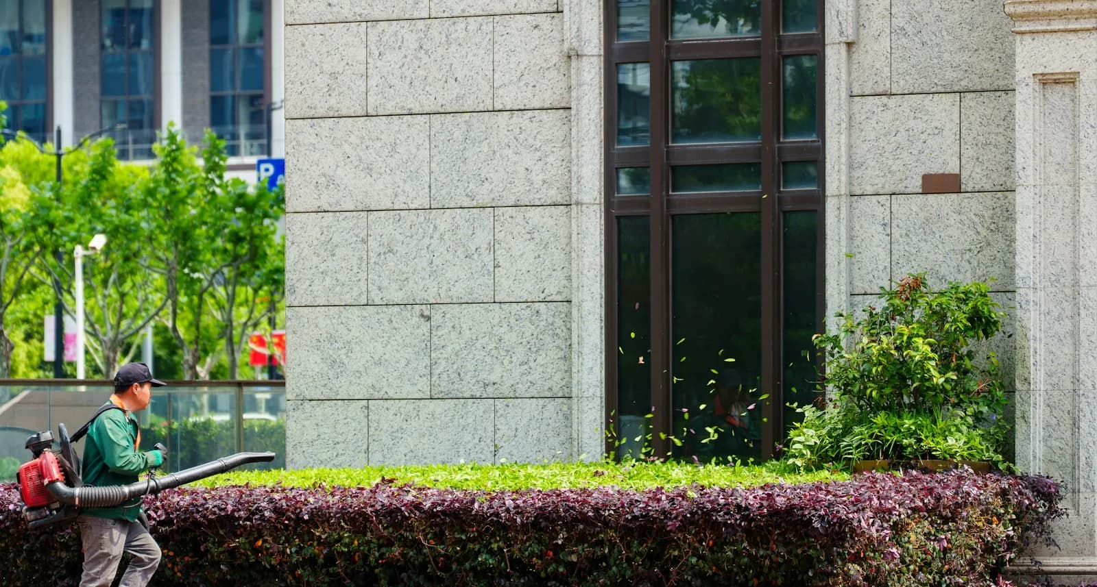 A grounds crew member using a leaf blower beside a commercial building