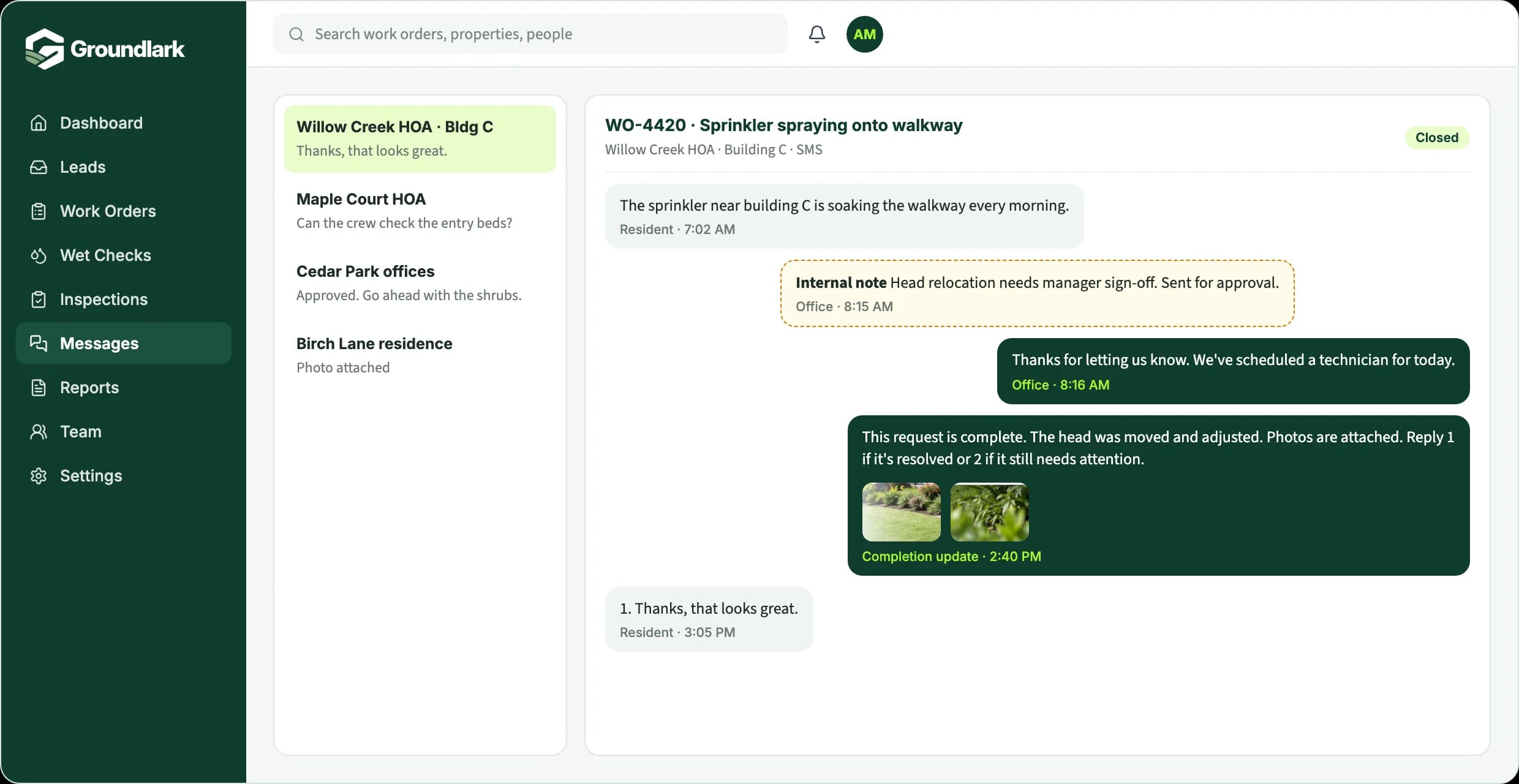 Example message thread with resident texts, an internal note, and a completion update with photos