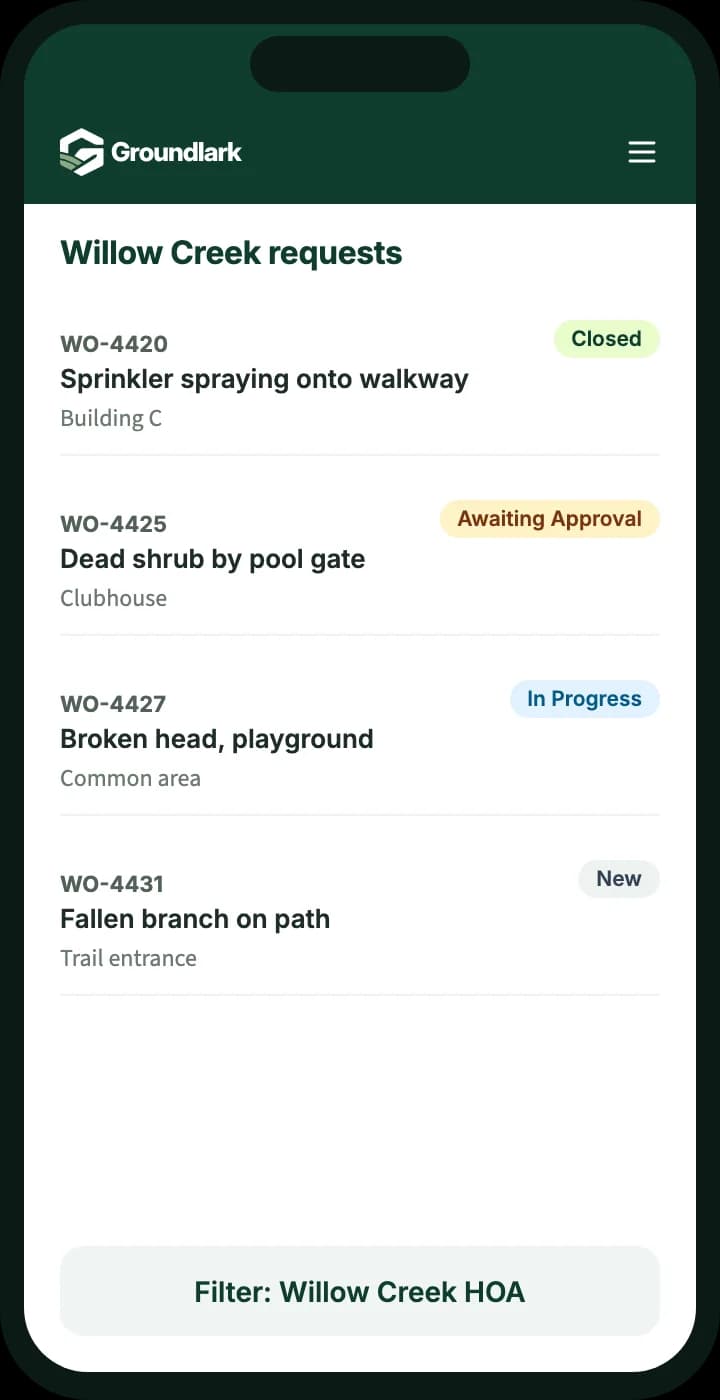 Example phone screen: a community's open requests with statuses