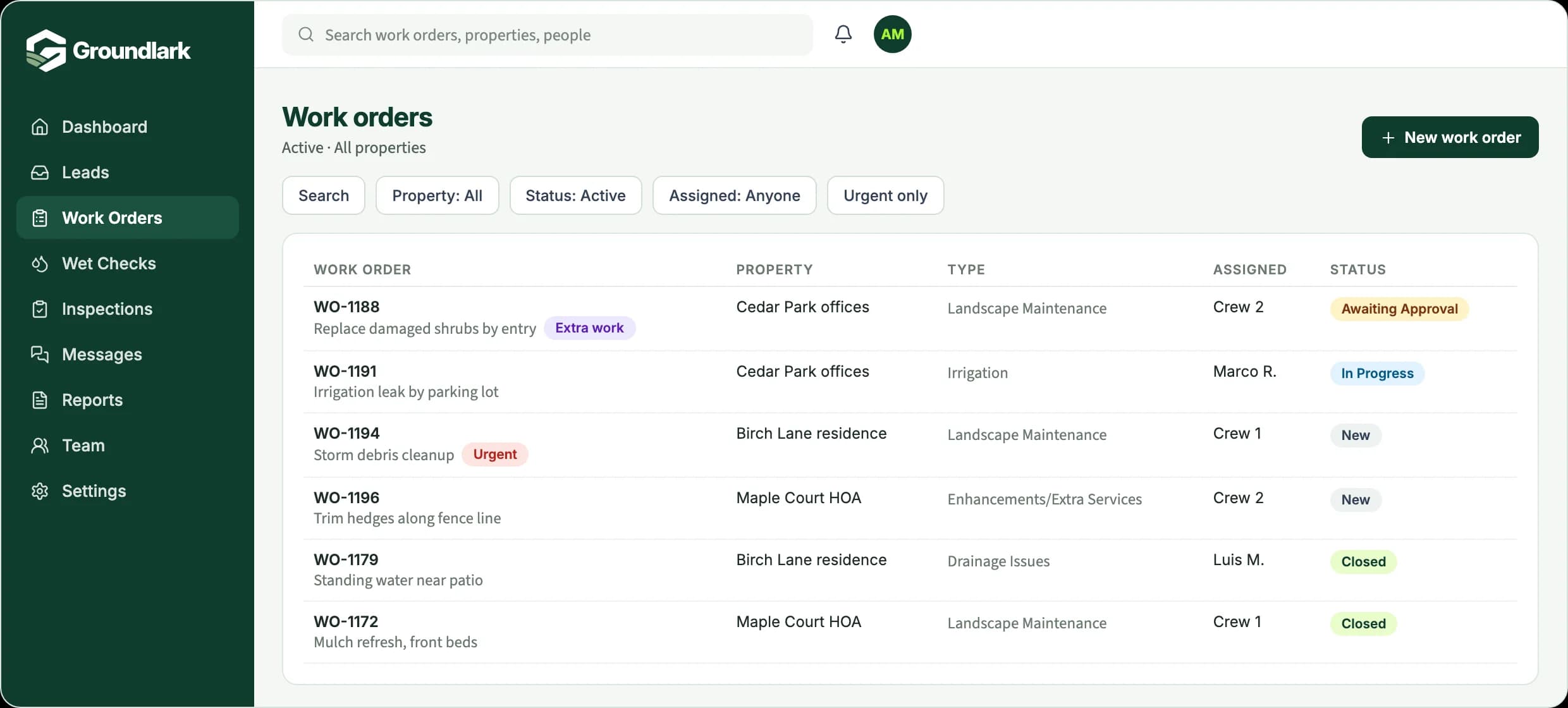 Example work-order list filtered by property, status, and assignee